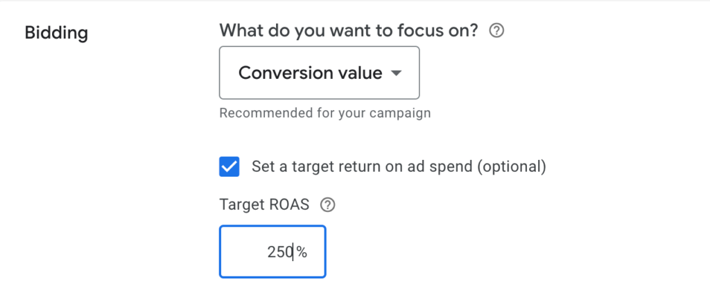 Conversion focus showing conversion value selected with a target ROAS