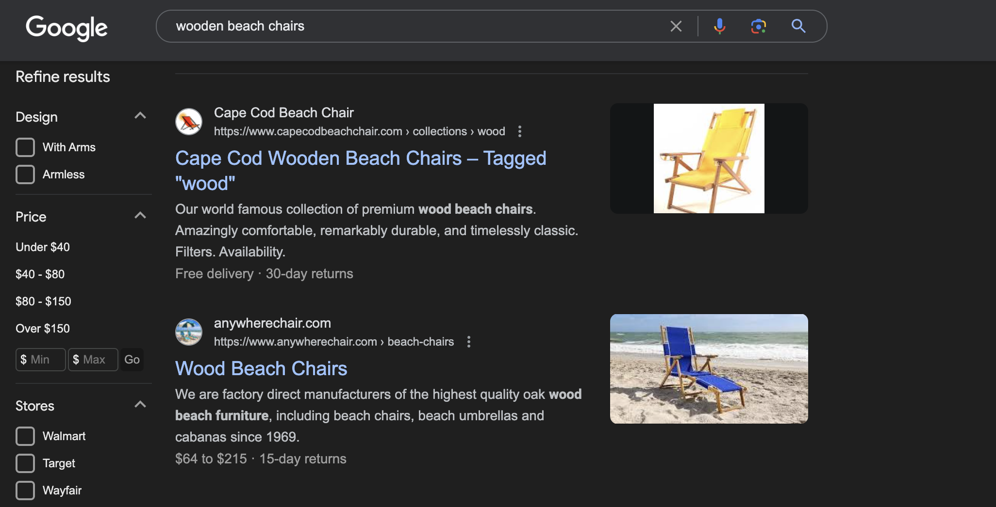 Example of Google Ads search campaign showing wooden chairs