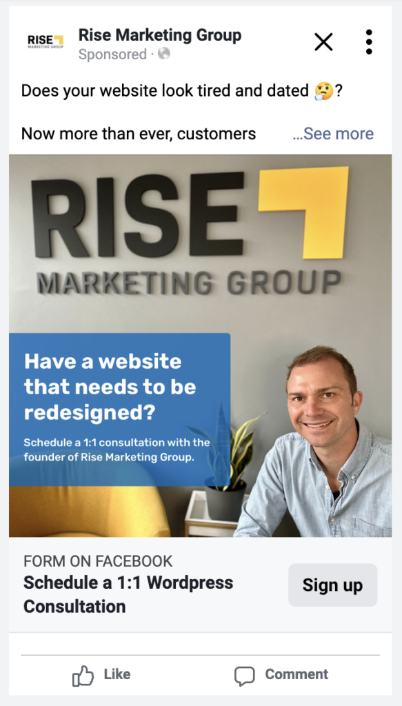 An example of a Meta Ad showing a Rise Marketing Group ad