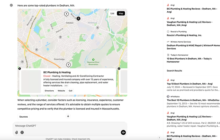Local ChatGPT search recommending businesses that offer plumbing and heating services